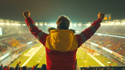 Fototapeta na wymiar Back view of football, soccer fans cheering their team at crowded stadium at night time. Football fans celebrating a victory in stadium