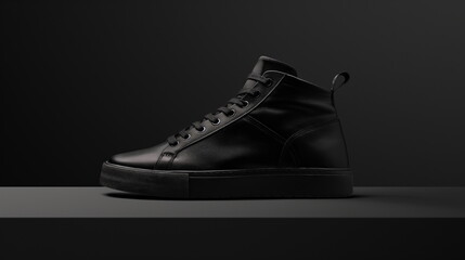 Black sneakers is showcased against a dark background, emphasizing their sleek design and modern style