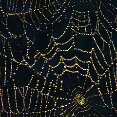  Golden Dew on Spider Web, Glittering Water Droplets, Mysterious Nature Close-Up