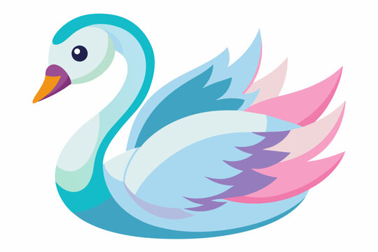 Illustration of a multicolored swan with shades of blue, pink, and purple feathers.