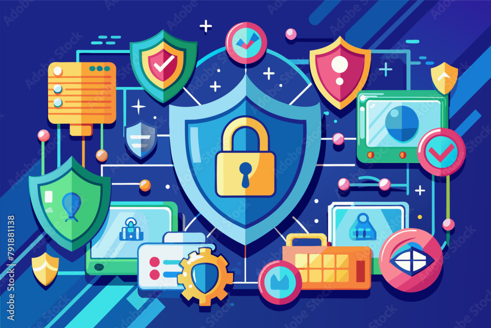 Aufkleber cybersecurity concept with digital locks and shields