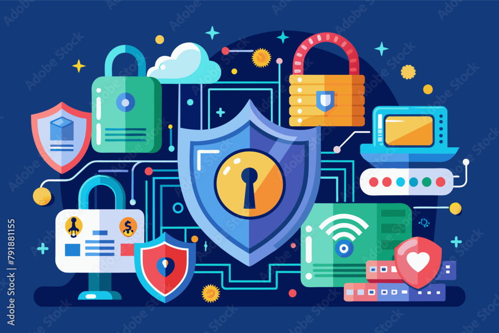 Poster cybersecurity concept with digital locks and shields