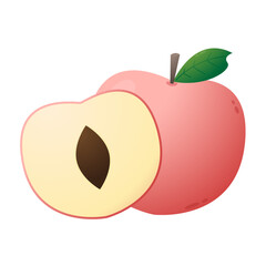 Peach cartoon vector. Doodle peach with leaves icon. Peach fruit in shape of heart isolated on white background. Farm, natural food, fresh fruits.