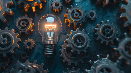 A light bulb surrounded by gears and cogwheels, symbolizing the innovation and mechanics behind successful business ideas