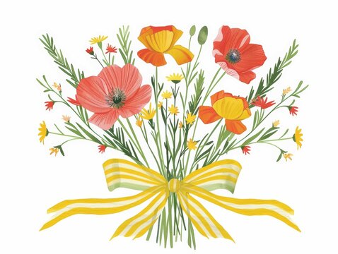 A postcard depicts poppies, tulips, mimosa, chamomile, apricot, carnations an armful bouquet wrapped around a yellow striped ribbon.