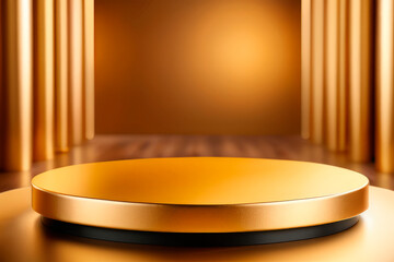 3D podium , pedestal made of gold, in the studio , gold, for advertising goods, cosmetics, things, luxury