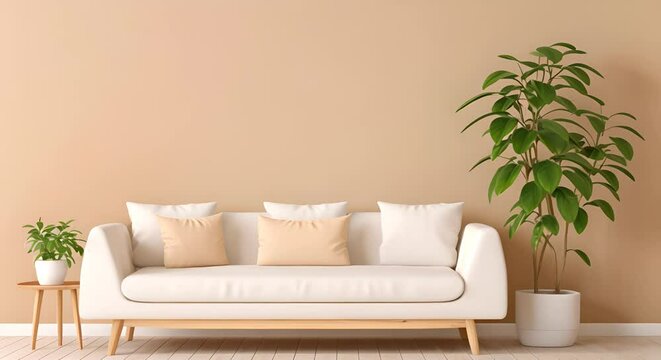 minimalist interior photo featuring a white sofa with beige and white cushions against a beige wall. A wooden side table with a small potted plant complements the decor.