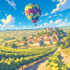 Breathtaking Hot Air Balloon Flight Over Gorgeous Landscape with Castle and Vineyards