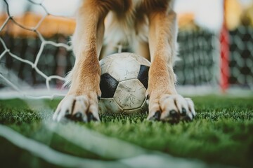 Dog paws on a soccer ball on the grass with goal net in the background.