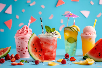Summer food and drinks mockup with a watermelon slice, ice cream, and cold drinks