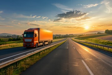 Orange freight truck on a highway through sunny rural landscape at sunset
