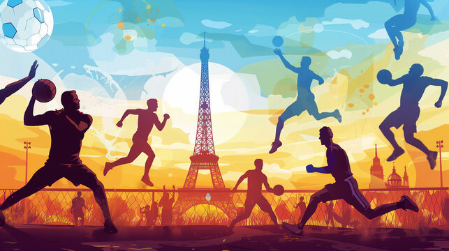 a dynamic display of various athletes actively performing their respective sports in Paris, a significant host of major sporting events. iconic Eiffel Tower stands tall in background.
