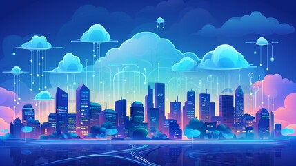 Social networking city and town with automation car on the world symbols moving from buildings to cloud using wifi. Vector illustration, penology, communication, generation, modern