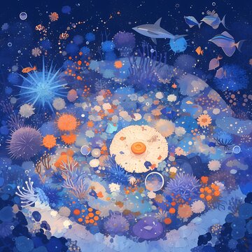 A stunning underwater landscape teeming with vibrant marine life. Discover a world of sea creatures and coral formations in this captivating scene.