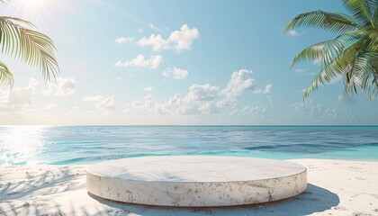 Fototapeta premium Marble podium for product display and presentation. Summer beach mockup with white sand, palm trees and ocean background - Generative AI