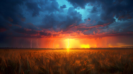 A dramatic thunderstorm over a prairie, captured in HDR to emphasize the dark storm clouds and the bright lightning strikes
