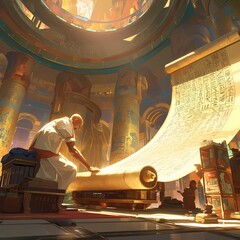 Explore the Sacred Writings of Ancient Egypt in this Captivating Illustrated Scene.