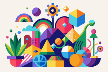 Playful arrangement of colorful abstract shapes