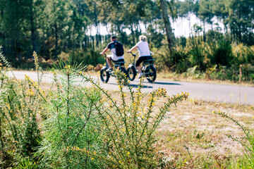 Naklejka premium Cyclist riding on the cycle paths in the forests of Nouvelles Aquitaine