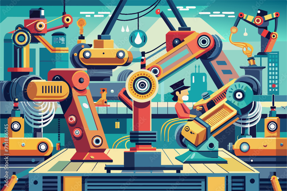Poster robotic arms assembling intricate machinery with precision