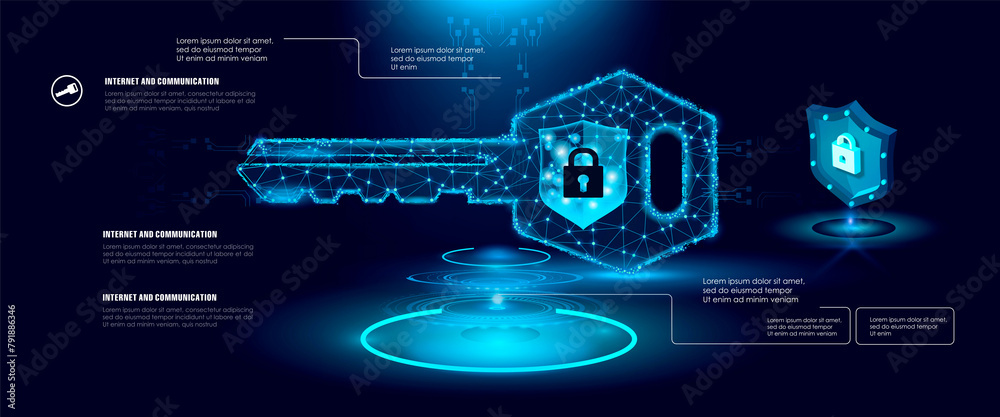 Poster holographic electronic digital key with cybersecurity code. modern digital code protection with secu