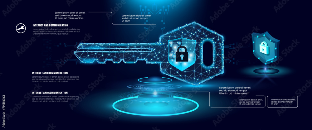 Poster holographic electronic digital key with cybersecurity code. modern digital code protection with secu