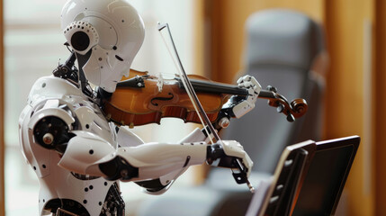 A robot is performing a violin concert