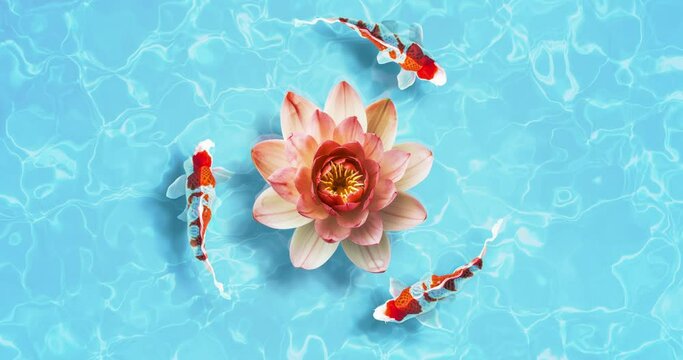 Loop animation collage. Japanese fish and lotus. Chill, meditation, relax background