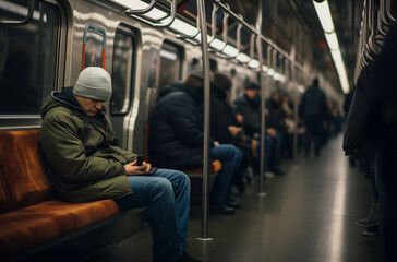 Fototapeta premium Thoughtful Man Riding Subway