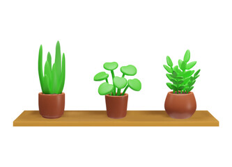 Set of 3D cartoon style indoor plants in pots on an isolated background.