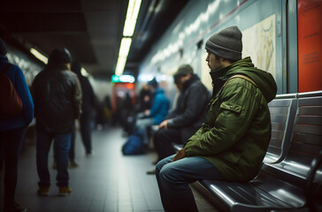Thoughtful Man Riding Subway - obrazy, fototapety, plakaty