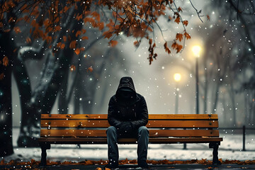 A solitary figure sits on a park bench amidst a tranquil autumn setting, exhibiting themes of loneliness and contemplation, suitable for mental health topics. - obrazy, fototapety, plakaty