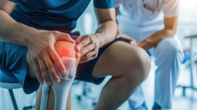 Closeup a sport therapist treating injured knee physical therapy pain athlete. AI generated image
