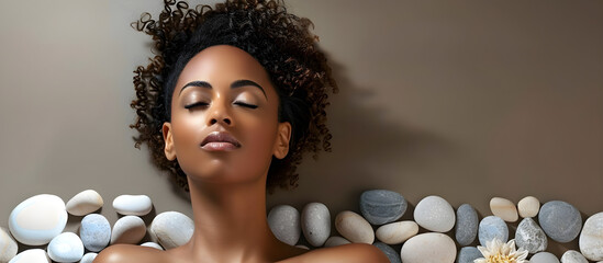 African American woman with eyes closed surrounded by pebbles, evoking serenity and perfect for spa-related themes.