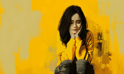 Digital illustration of a pensive woman against a vibrant yellow background, evoking emotions of sadness and contemplation. - obrazy, fototapety, plakaty