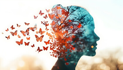 Artistic double exposure image blending a woman's silhouette with butterflies, suitable for mental health and women's day themes.