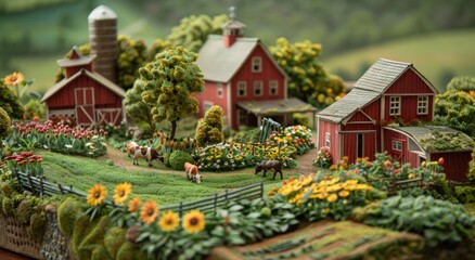 A detailed model of an idyllic farm with red barns, green fields and grazing cows. The miniature landscape includes lush trees, colorful flowers and small garden beds filled with sunflowers.