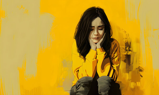 Digital illustration of a pensive woman against a vibrant yellow background, evoking emotions of sadness and contemplation.