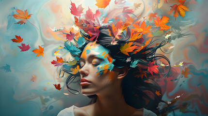 Artistic portrait of a woman with autumn leaves in her hair, imbued with vibrant fall colors and a dreamy atmosphere.