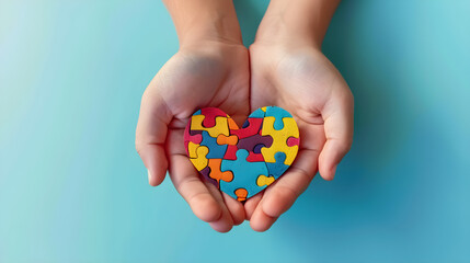 Adult and child hands holding a colorful puzzle-shaped heart against a light blue background, symbolizing support for World Autism Awareness Day.