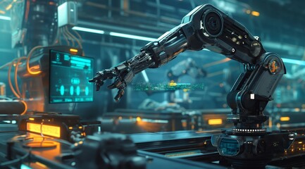 A robotic arm in the center of an industrial complex, surrounded by screens and digital data streams, embodies advanced technologies in industrial production	