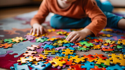 Child with autism spectrum playing with colorful puzzles on the floor, depicting learning and development challenges.