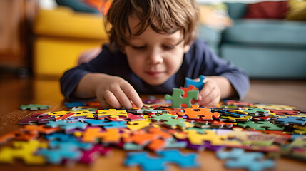 A young child with autism spectrum disorder is focused on playing with colorful puzzles on the floor, indicating learning and therapeutic play.