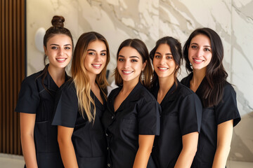Photography of aesthetic spanish team therapists in beauty center.