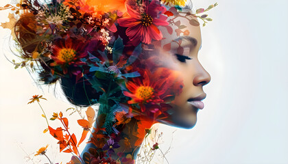 A double exposure artwork combining the profile of a woman with vibrant flowers, suitable for themes like mental health or women's day.