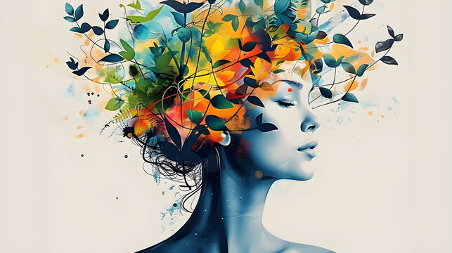 Abstract illustration of a woman with a vibrant splash of colors and leaves emanating from her head, depicting mental health and creativity.