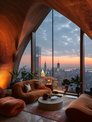 Modern Interior with Cityscape View at Dusk - obrazy, fototapety, plakaty