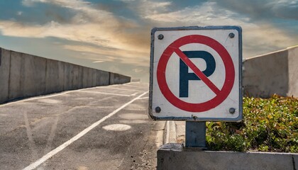 Close up Urban Reminder: No Parking Sign Standing Vigilantly at Road Point" background