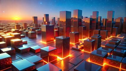 A futuristic cityscape glows under a twilight sky,with buildings appearing as luminous blocks on a grid.Neon orange lines trace paths between the structures,highlighting an advanced,grid-like plan.AI