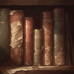 A collection of antique books with tattered covers and worn bindings resting on a wooden shelf in an old library or study. - obrazy, fototapety, plakaty